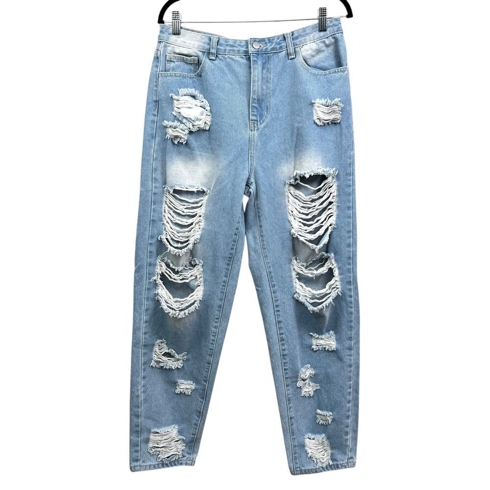 SHEIN Womens Denim Jeans High Waist Distressed Ripped Boyfriend Blue Denim Sz L*